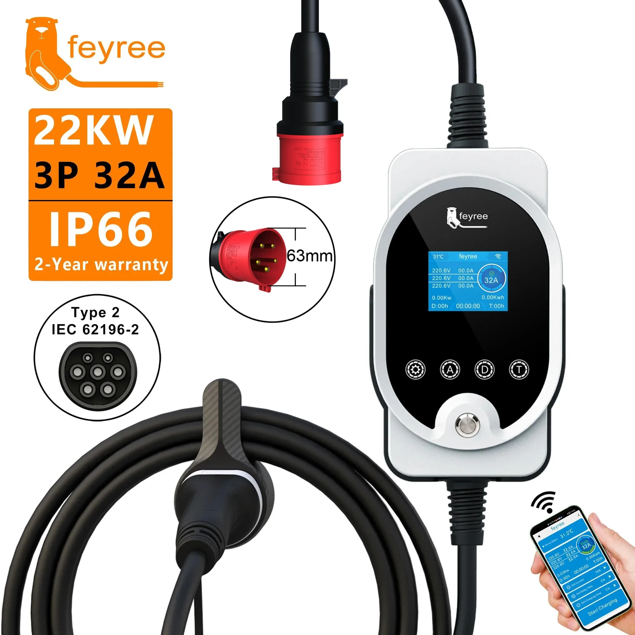Feyree 22KW Type2 Cable EVSE W - Ev Charger Type 2 22Kw 32A 3 Phase 评论和价格